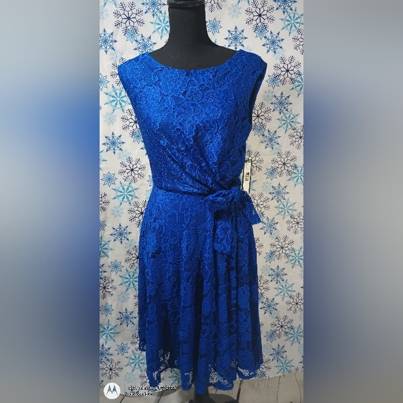 Tahari ASL Slvls Woven Floral Lace Flounce Midi Overlaydress Royal - Picture 1 of 13